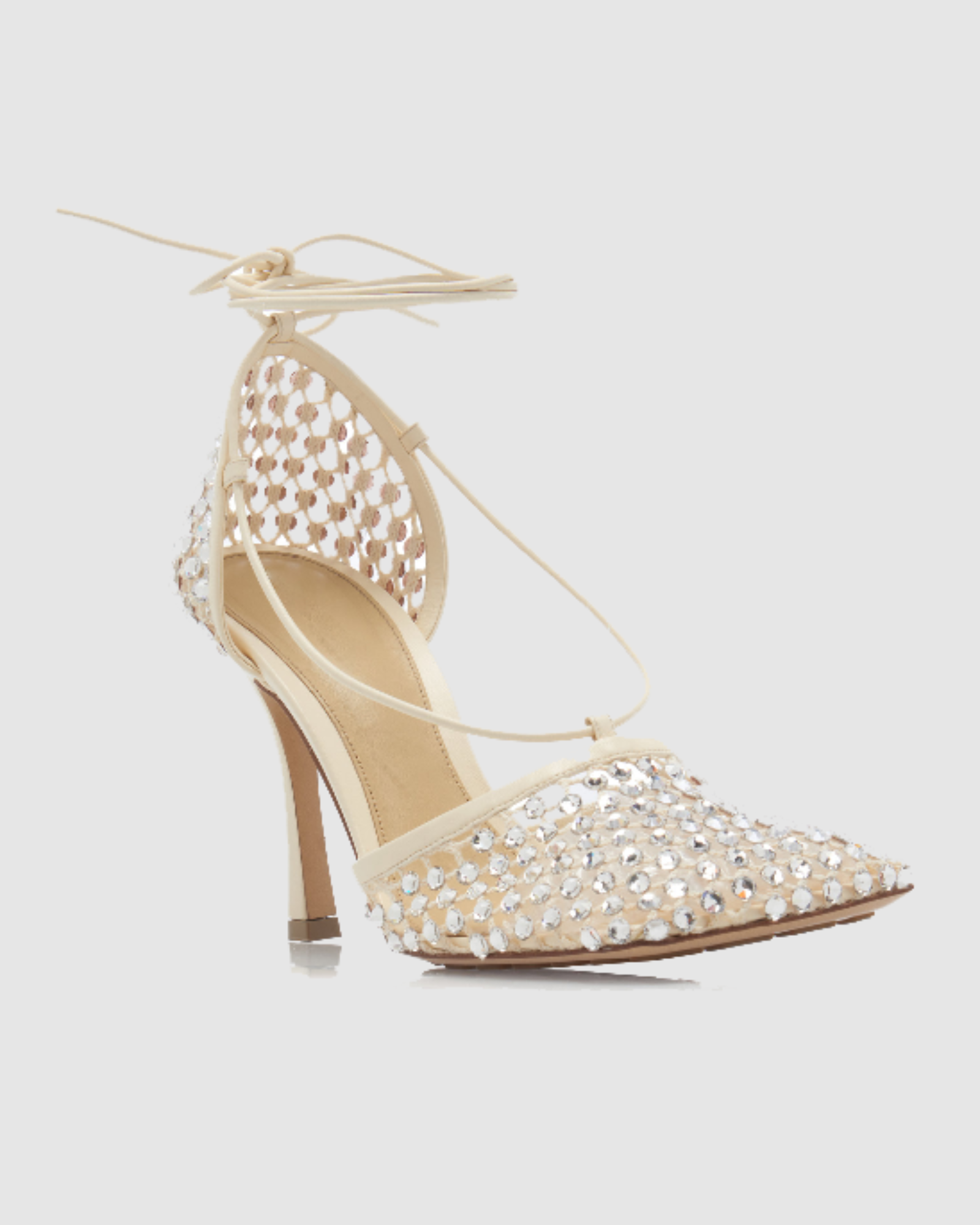 Luca Rhinestone Embellished Fishnet Lace up Pumps In Apricot