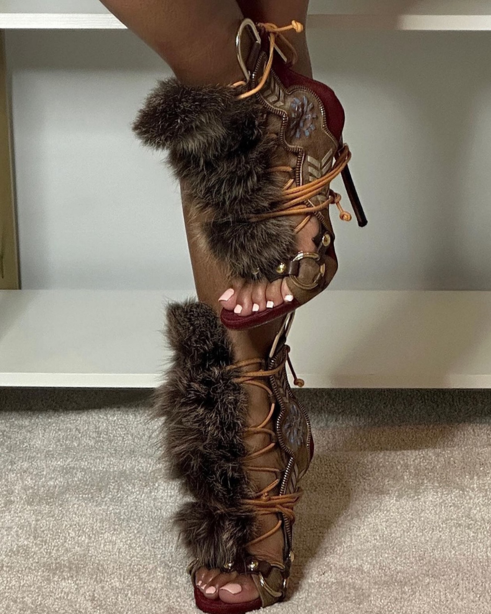 Sadiya Faux Fur Lace Up Suede Sandals In Brown