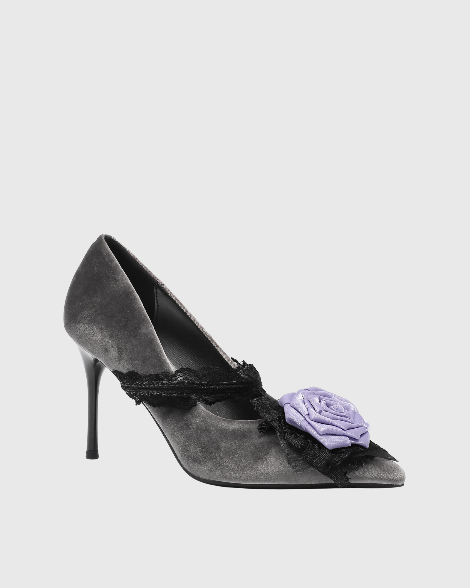 Sage Lace Trimmed Rose Pumps In Grey