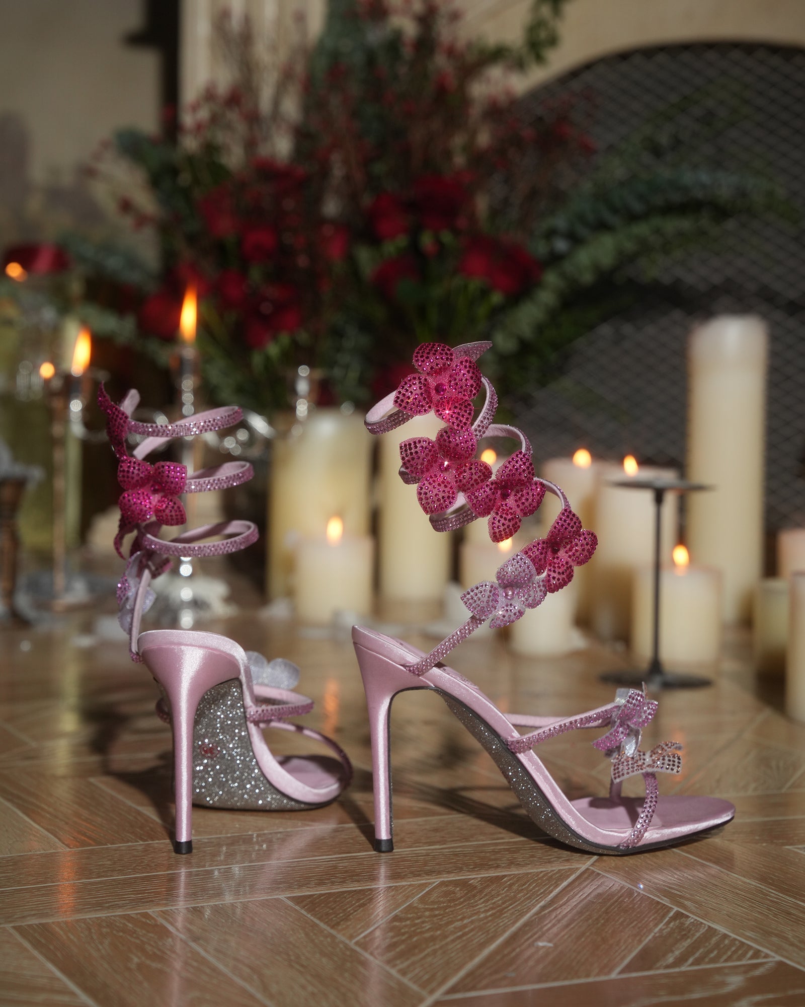 Elisa Flower Embellished Snake Sandals In Pink