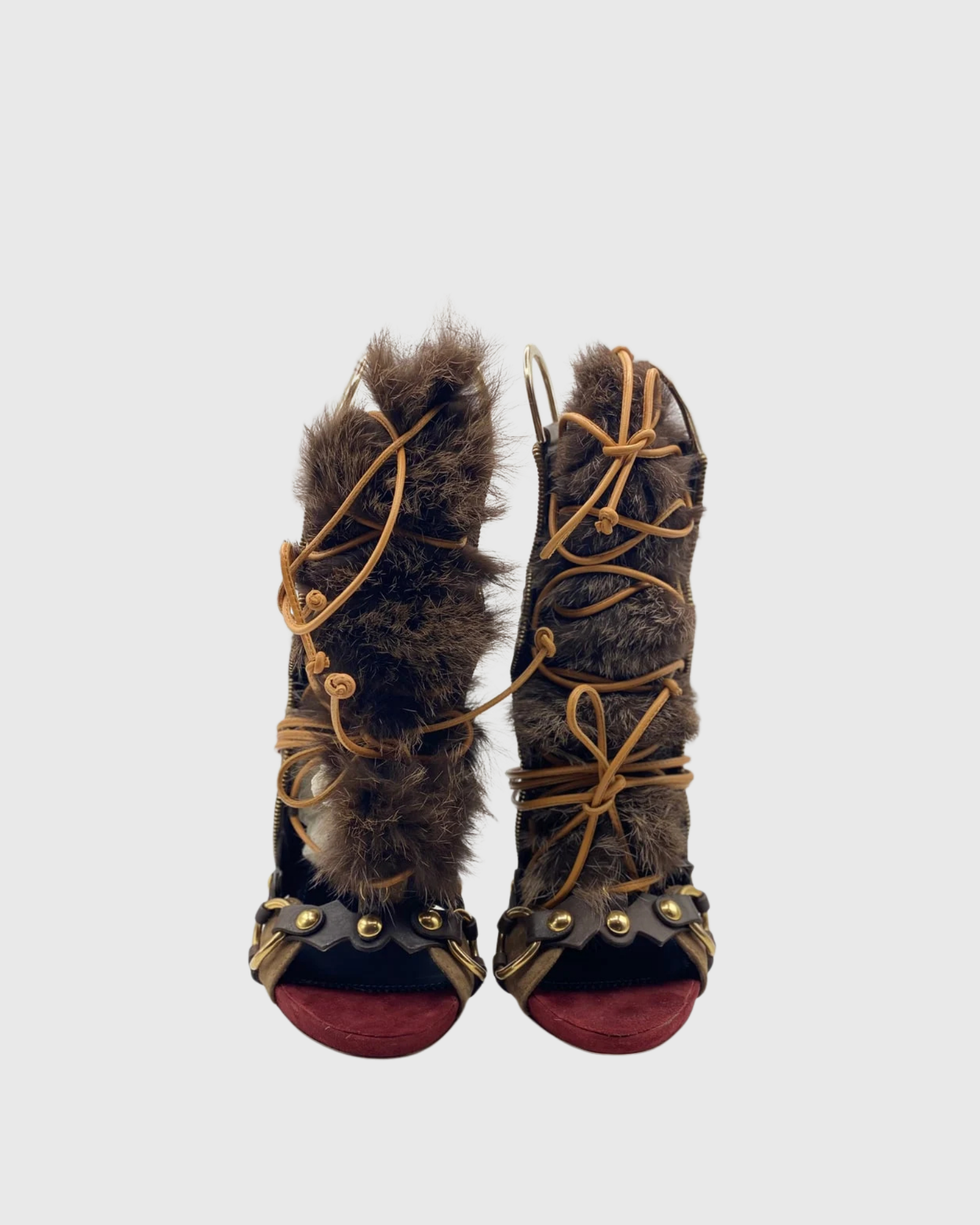 Sadiya Faux Fur Lace Up Suede Sandals In Brown