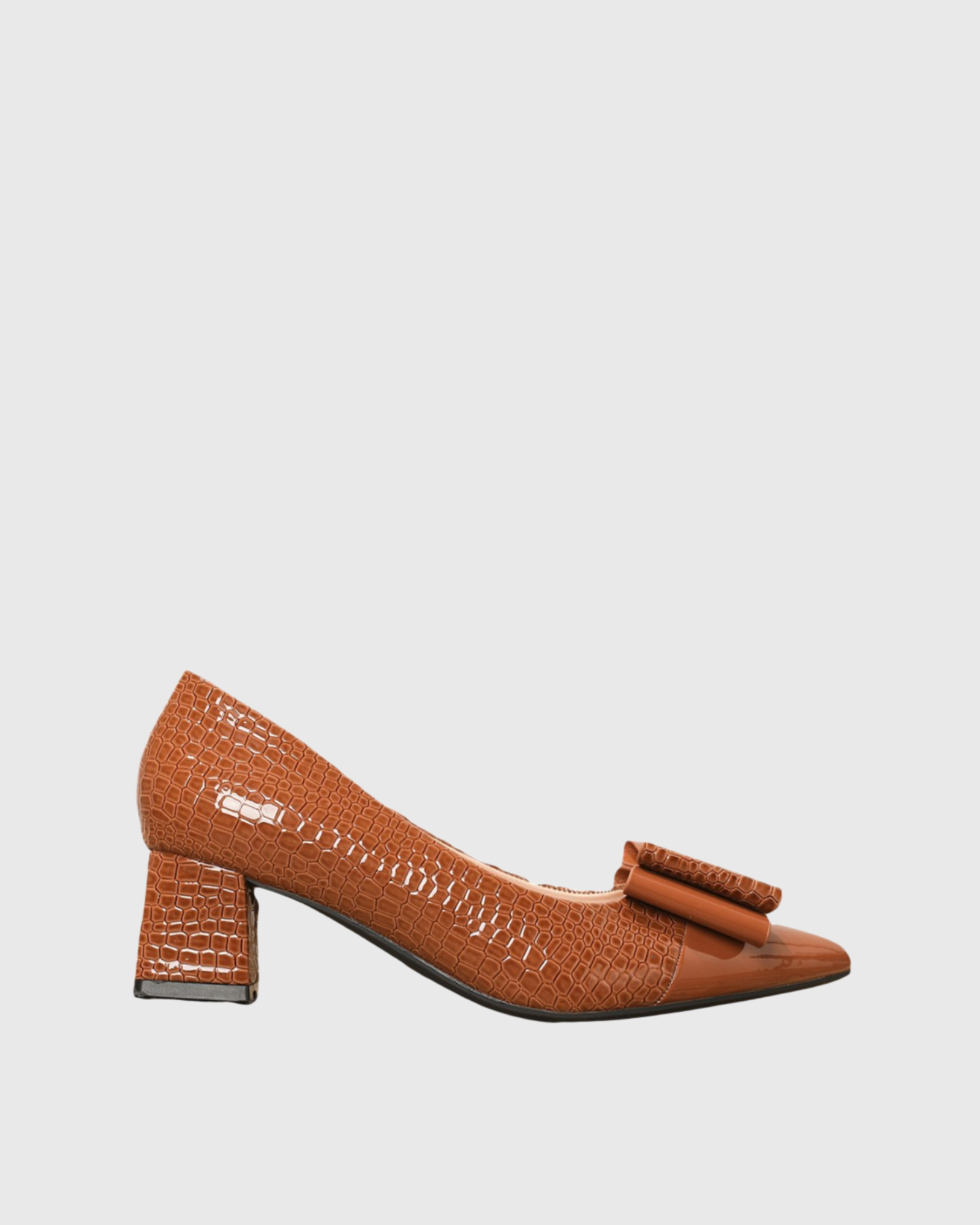 Zevala Bow Crocodile Print Pumps In Brown