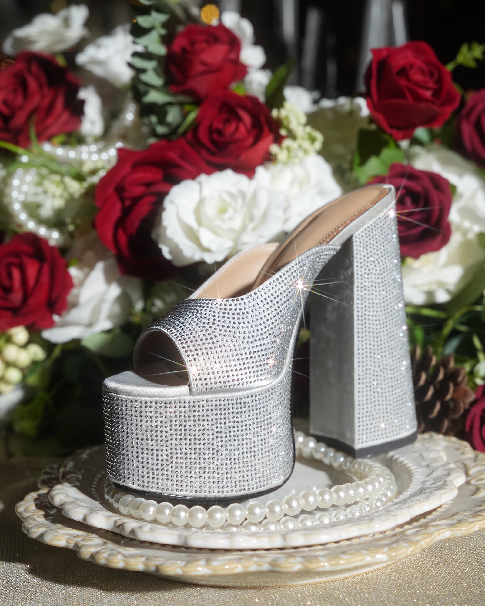 Ilenia Rhinestone Platform Sandals In Silver
